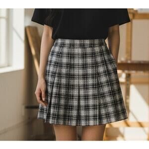 Liz Claiborne Vtg Skirt Skater Prep Y2K Black Gray Plaid SZ 12 USA Union Wool